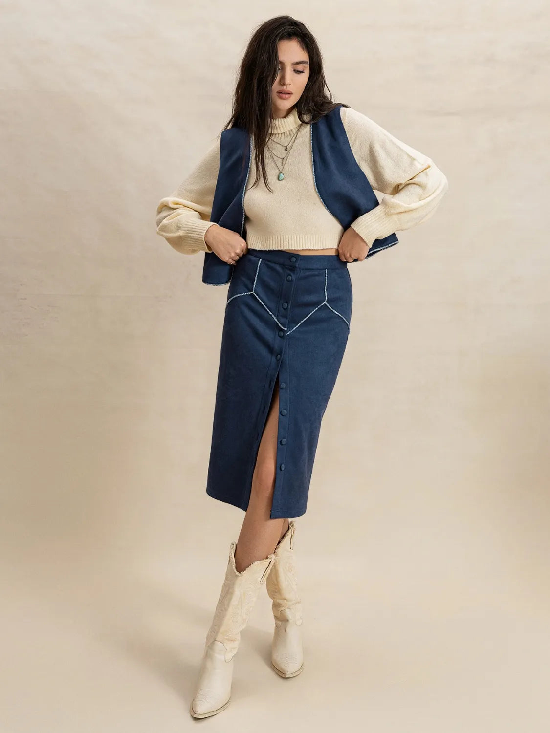 Open Front Vest and Buttoned Skirt Set-sets-Trendsi-[option4]-[option5]-[option6]-[option7]-[option8]-Shop-Boutique-Clothing-for-Women-Online