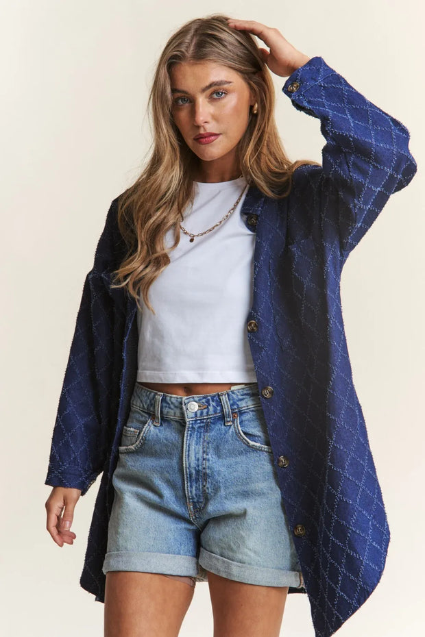J.NNA Rhombus Stitched Button Up Denim Shacket-Womens Outerwear/Shacket-Trendsi-[option4]-[option5]-[option6]-[option7]-[option8]-Shop-Boutique-Clothing-for-Women-Online