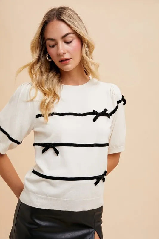 Annie Wear Striped Bow Round Neck Knit Top-knit top-Trendsi-[option4]-[option5]-[option6]-[option7]-[option8]-Shop-Boutique-Clothing-for-Women-Online
