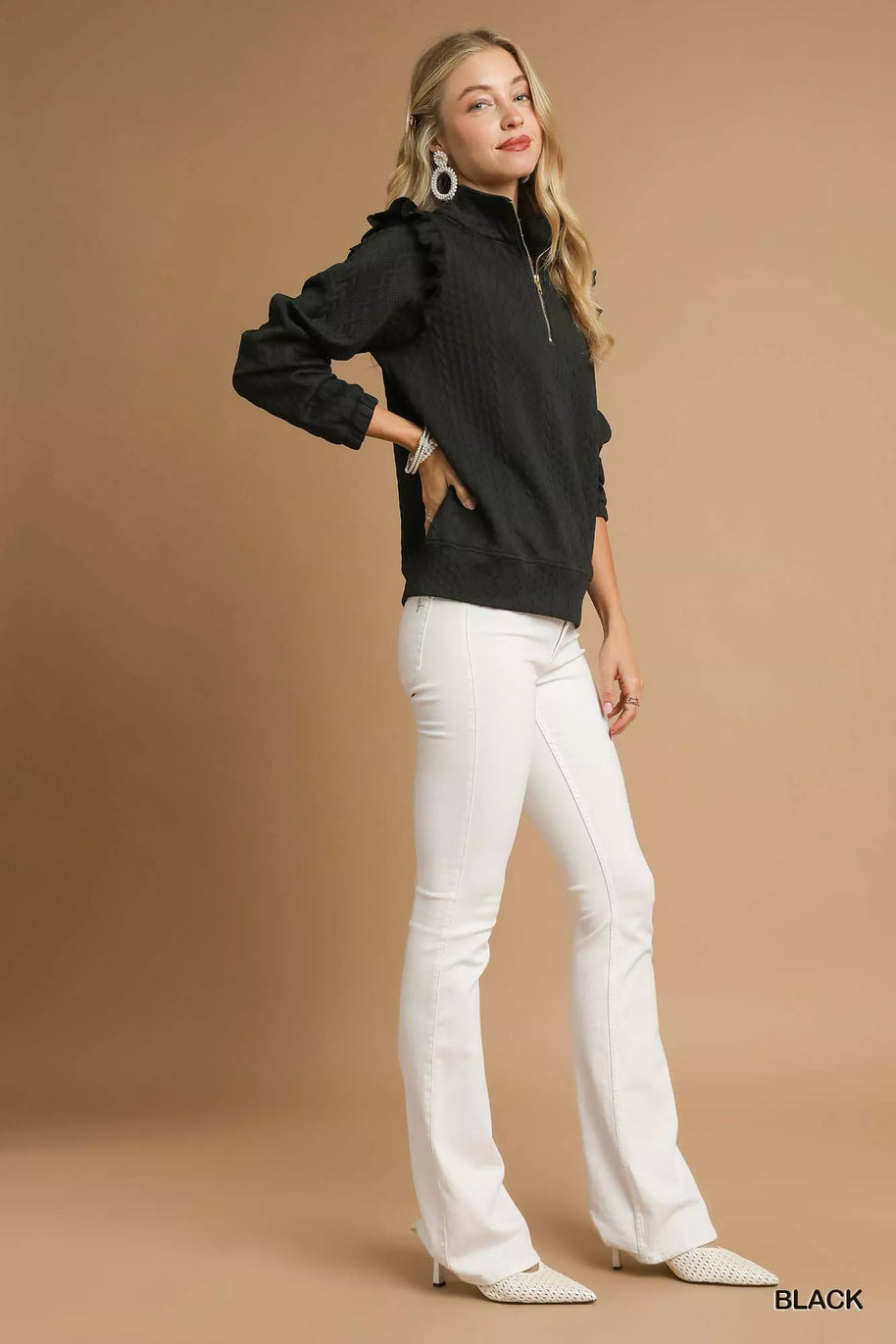 Umgee Cable Knit Textured Pullover with Ruffle Shoulders-Sweatshirts & Hoodies-Trendsi-[option4]-[option5]-[option6]-[option7]-[option8]-Shop-Boutique-Clothing-for-Women-Online