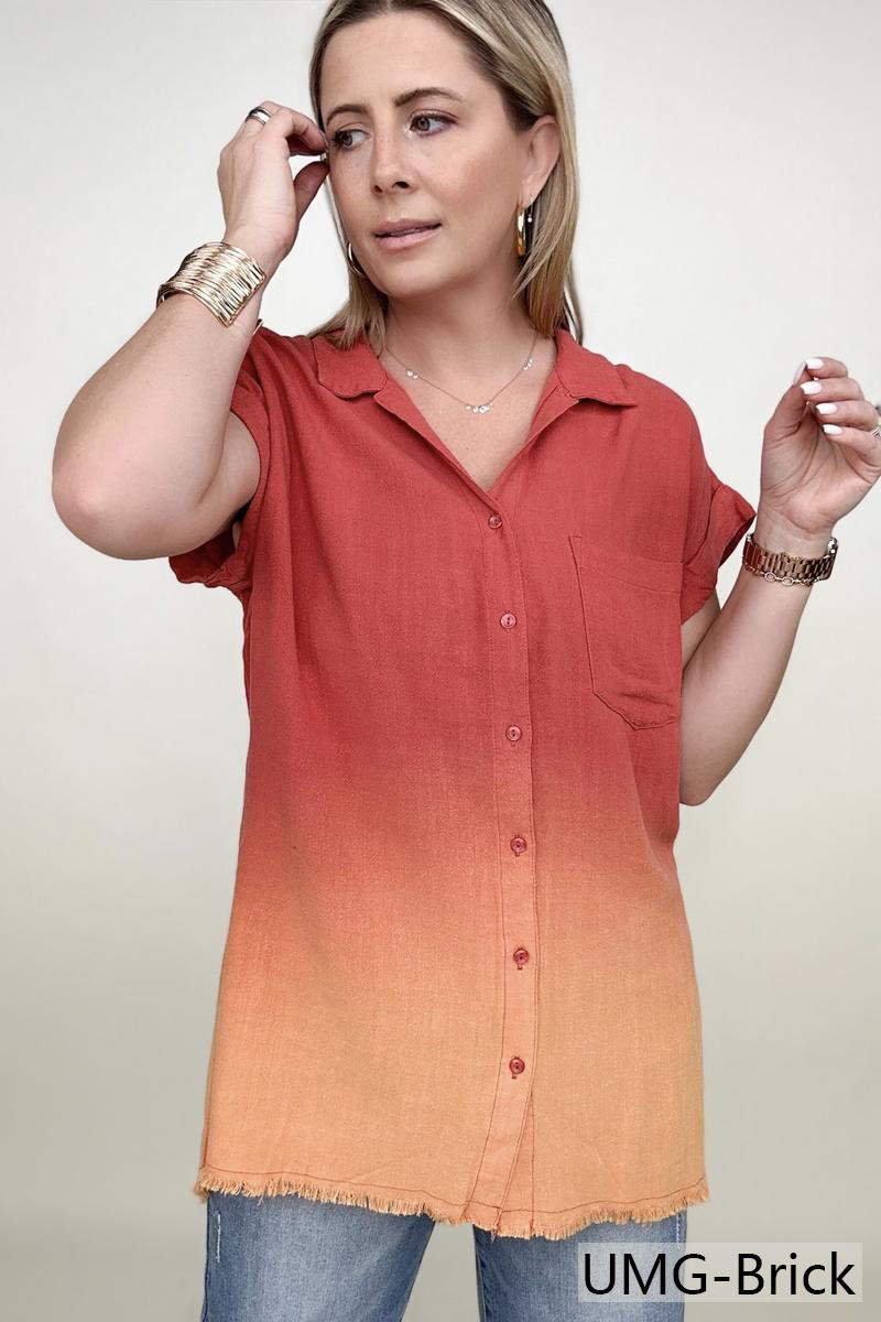 Umgee Linen Blend Bleach Dip Dye Button Down Top-T-shirts-Kiwidrop-[option4]-[option5]-[option6]-[option7]-[option8]-Shop-Boutique-Clothing-for-Women-Online
