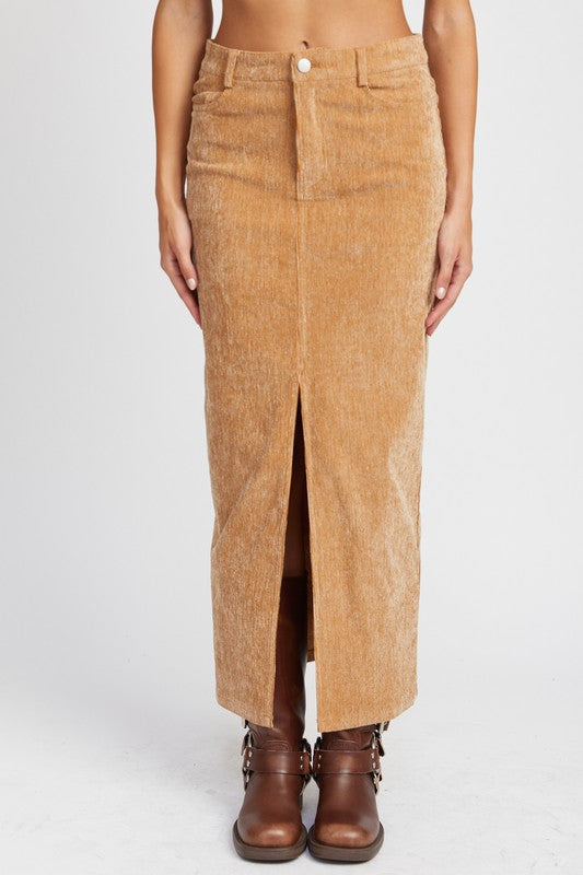 CORDUROY MID SKIRT WITH FRONT SLIT-Emory Park-[option4]-[option5]-[option6]-[option7]-[option8]-Shop-Boutique-Clothing-for-Women-Online