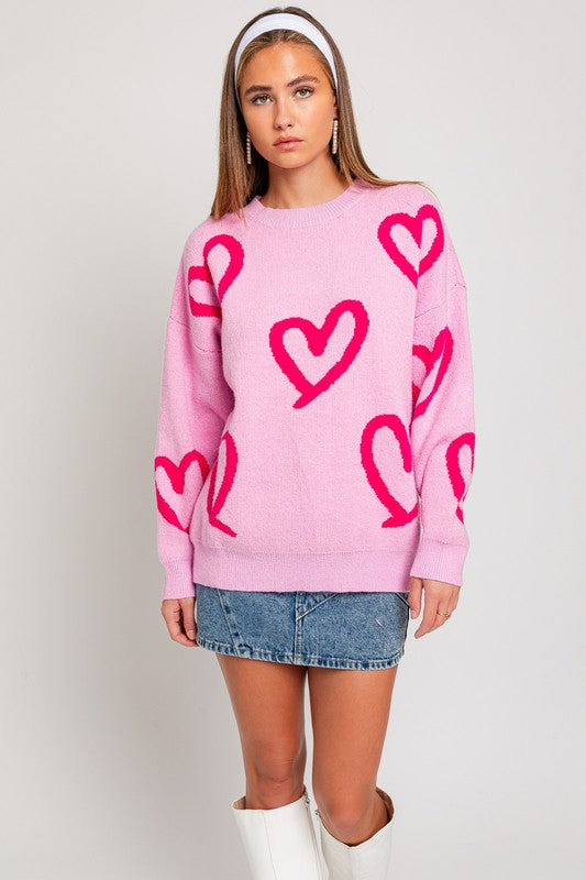 Long Sleeve Round Neck Heart Printed Sweater-LE LIS-[option4]-[option5]-[option6]-[option7]-[option8]-Shop-Boutique-Clothing-for-Women-Online