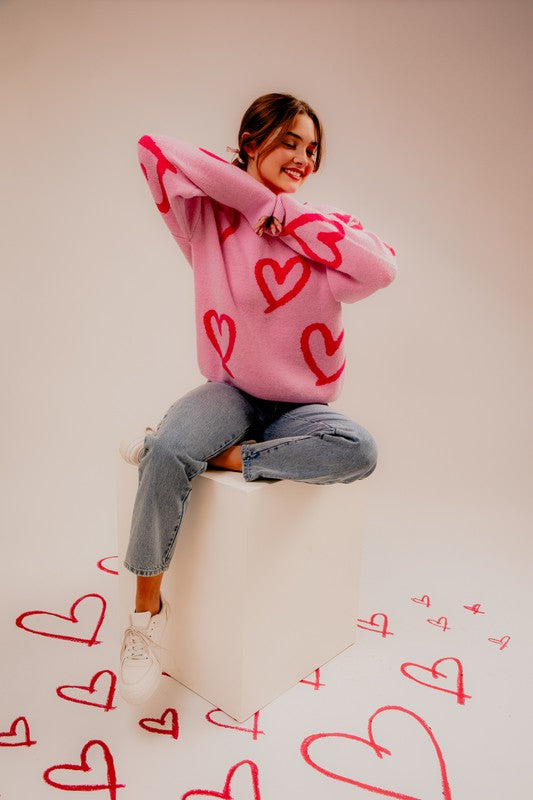 Long Sleeve Round Neck Heart Printed Sweater-LE LIS-PINK-FUCHSIA HEART-XS-[option4]-[option5]-[option6]-[option7]-[option8]-Shop-Boutique-Clothing-for-Women-Online