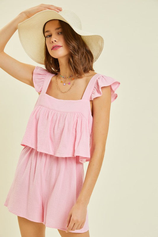 Gauze Square Neck Romper with Mini Ruffles on the Shoulder in Pink-Womens-Ave Shops-[option4]-[option5]-[option6]-[option7]-[option8]-Shop-Boutique-Clothing-for-Women-Online