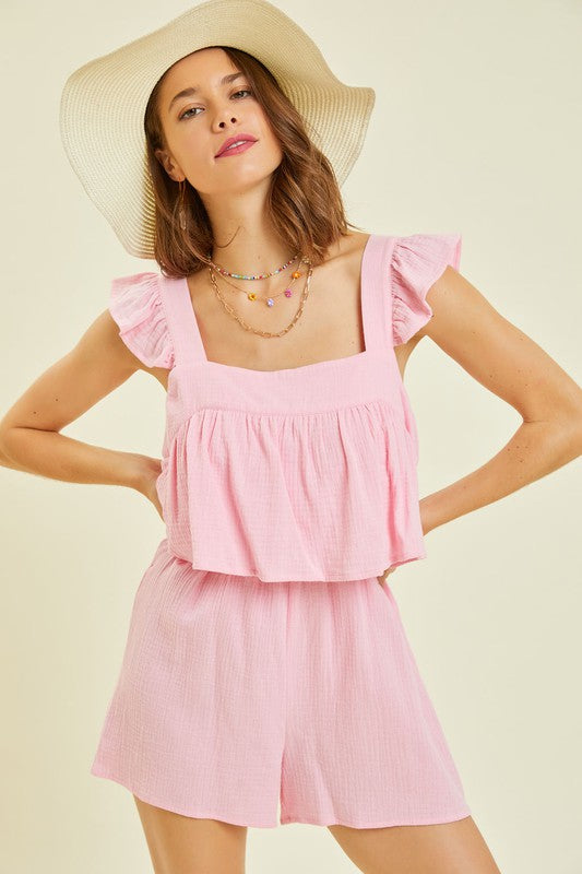 Gauze Square Neck Romper with Mini Ruffles on the Shoulder in Pink-Womens-Ave Shops-[option4]-[option5]-[option6]-[option7]-[option8]-Shop-Boutique-Clothing-for-Women-Online