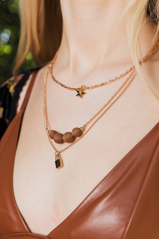 Three Layered Rustic Gold Charmed Necklace-Leto Accessories-[option4]-[option5]-[option6]-[option7]-[option8]-Shop-Boutique-Clothing-for-Women-Online