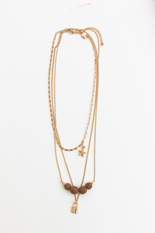 Three Layered Rustic Gold Charmed Necklace-Leto Accessories-[option4]-[option5]-[option6]-[option7]-[option8]-Shop-Boutique-Clothing-for-Women-Online