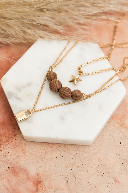 Three Layered Rustic Gold Charmed Necklace-Leto Accessories-[option4]-[option5]-[option6]-[option7]-[option8]-Shop-Boutique-Clothing-for-Women-Online