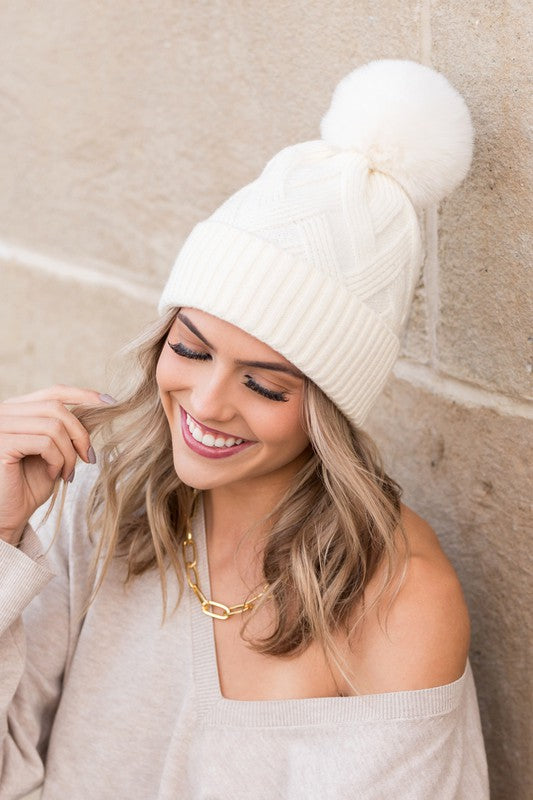 Chunky Knit Fur Pom Beanie-Aili's Corner-Winter White-OneSize-[option4]-[option5]-[option6]-[option7]-[option8]-Shop-Boutique-Clothing-for-Women-Online
