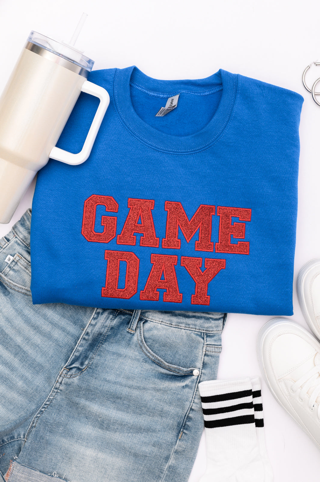 PREORDER: Embroidered Glitter Game Day Sweatshirt in Royal Blue/Red-Womens-Ave Shops-[option4]-[option5]-[option6]-[option7]-[option8]-Shop-Boutique-Clothing-for-Women-Online