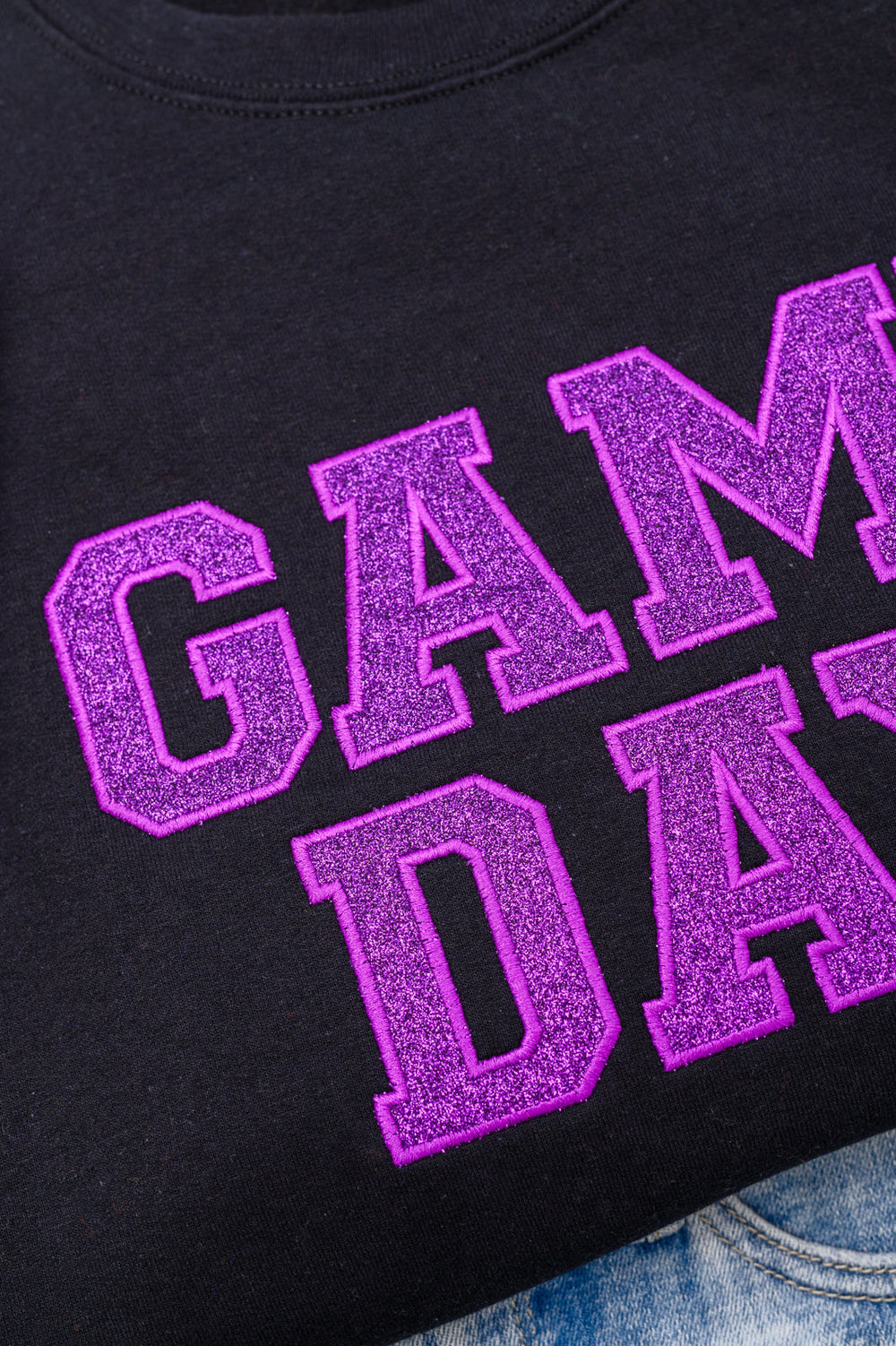 PREORDER: Embroidered Glitter Game Day Sweatshirt in Black/Purple-Womens-Ave Shops-[option4]-[option5]-[option6]-[option7]-[option8]-Shop-Boutique-Clothing-for-Women-Online