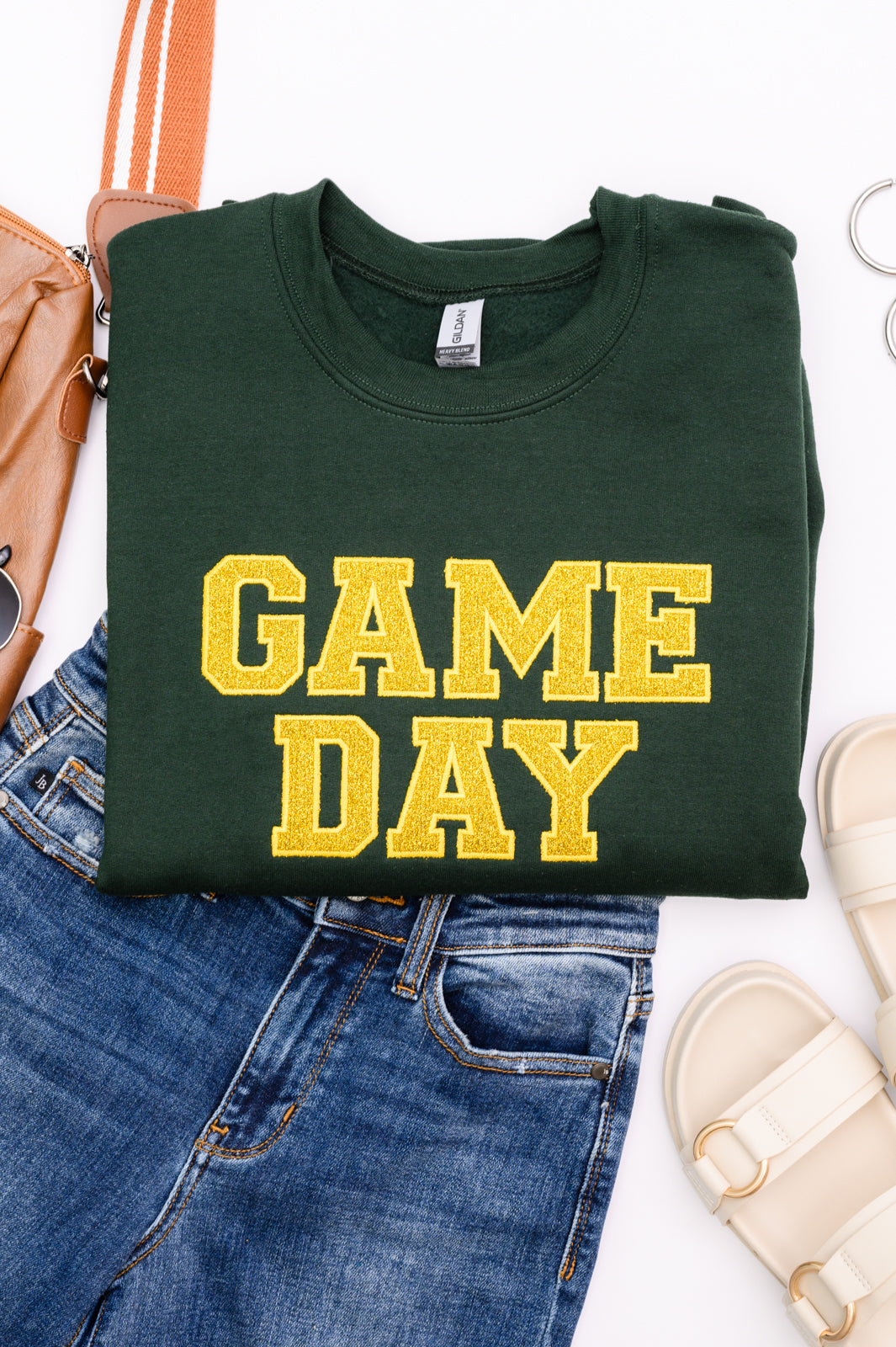 PREORDER: Embroidered Glitter Game Day Sweatshirt in Forest Green/Golden Yellow-Womens-Ave Shops-[option4]-[option5]-[option6]-[option7]-[option8]-Shop-Boutique-Clothing-for-Women-Online