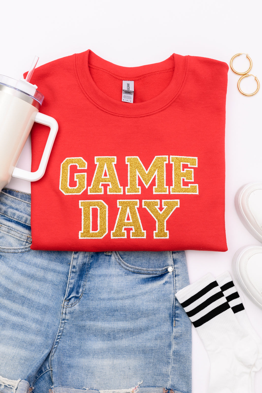 PREORDER: Embroidered Glitter Game Day Sweatshirt in Red/Golden Yellow-Womens-Ave Shops-[option4]-[option5]-[option6]-[option7]-[option8]-Shop-Boutique-Clothing-for-Women-Online