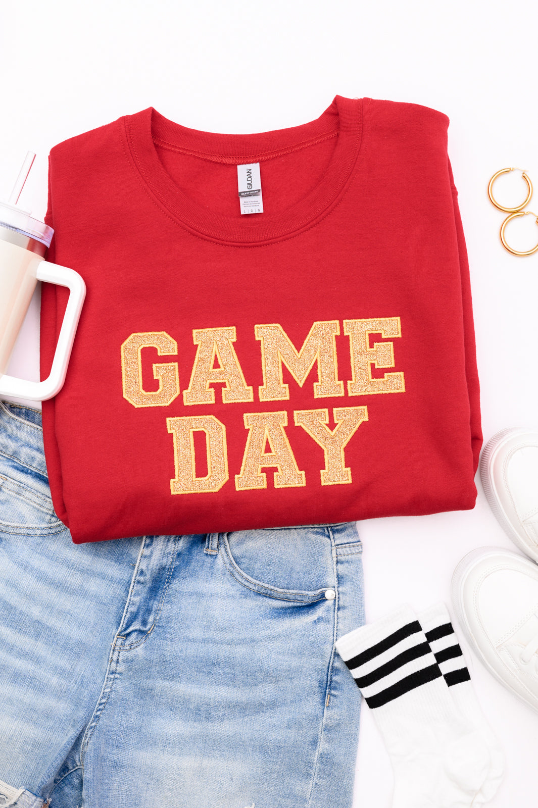 PREORDER: Embroidered Glitter Game Day Sweatshirt in Red/Old Gold-Womens-Ave Shops-[option4]-[option5]-[option6]-[option7]-[option8]-Shop-Boutique-Clothing-for-Women-Online