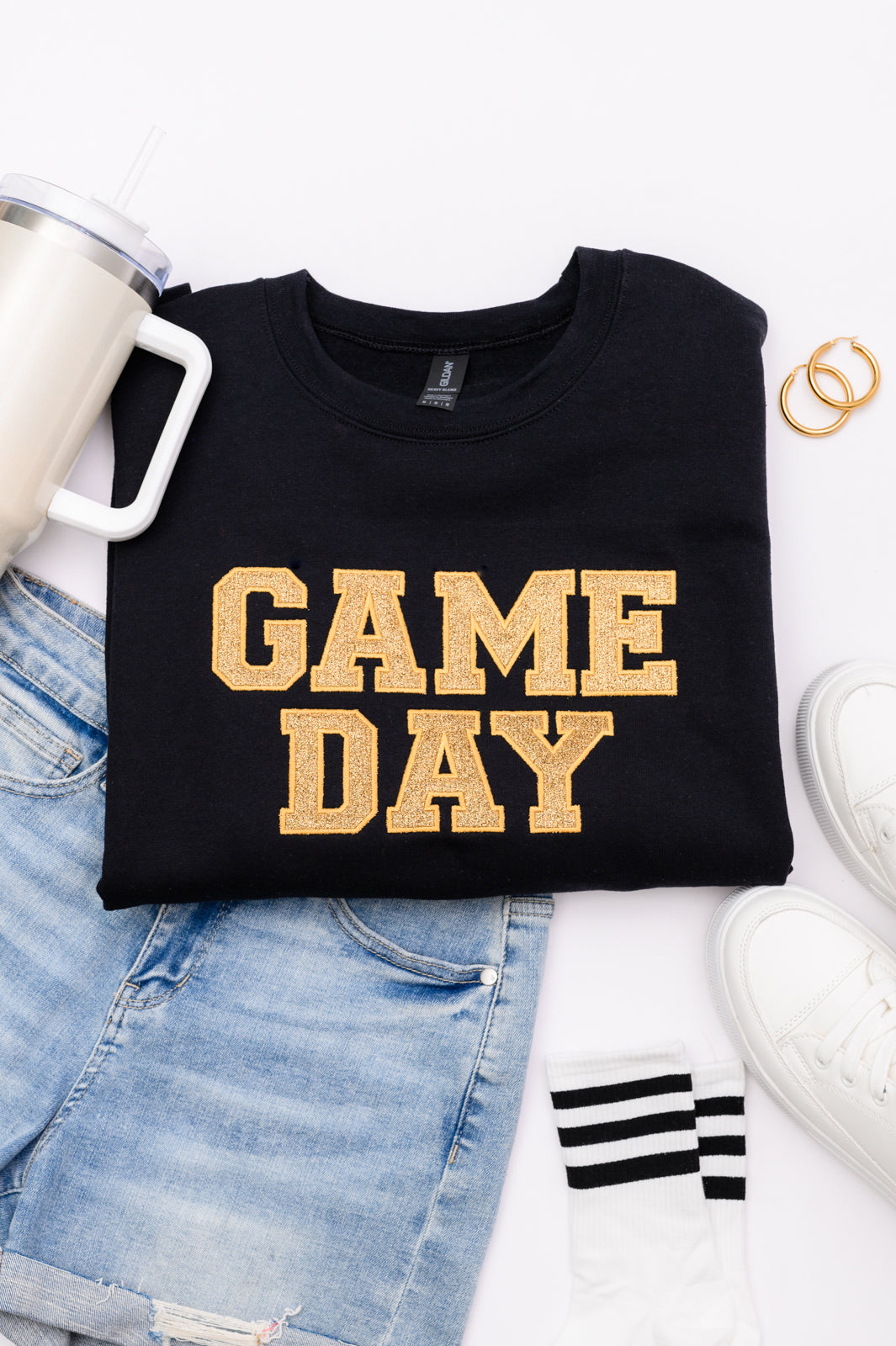 PREORDER: Embroidered Glitter Game Day Sweatshirt in Black/Old Gold-Womens-Ave Shops-[option4]-[option5]-[option6]-[option7]-[option8]-Shop-Boutique-Clothing-for-Women-Online
