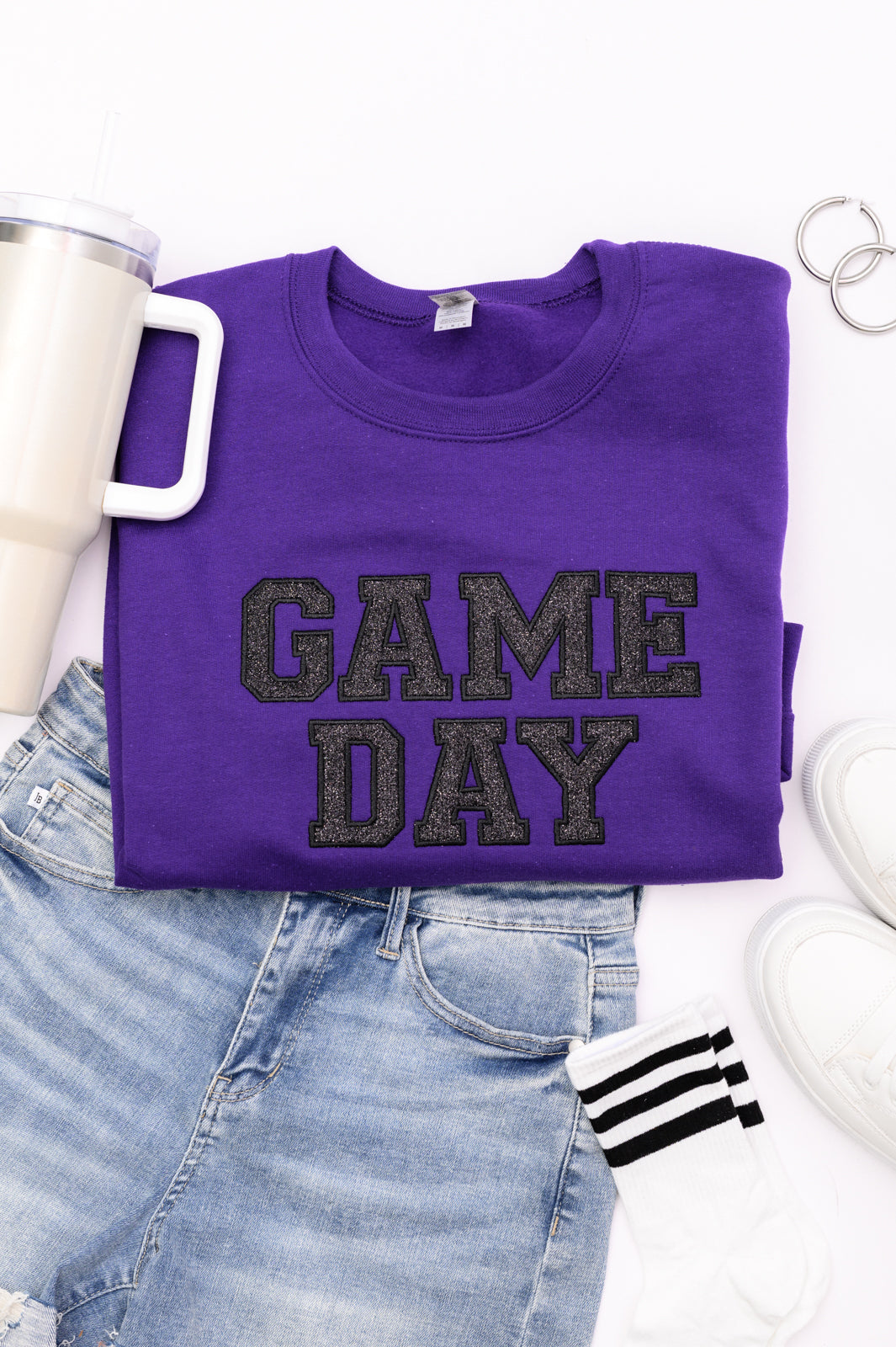 PREORDER: Embroidered Glitter Game Day Sweatshirt in Purple/Black-Womens-Ave Shops-[option4]-[option5]-[option6]-[option7]-[option8]-Shop-Boutique-Clothing-for-Women-Online