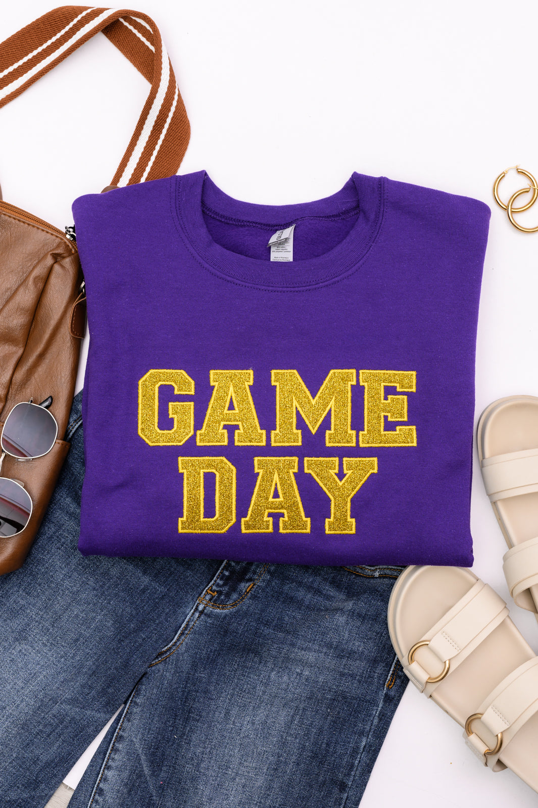 PREORDER: Embroidered Glitter Game Day Sweatshirt in Purple/Golden Yellow-Womens-Ave Shops-[option4]-[option5]-[option6]-[option7]-[option8]-Shop-Boutique-Clothing-for-Women-Online