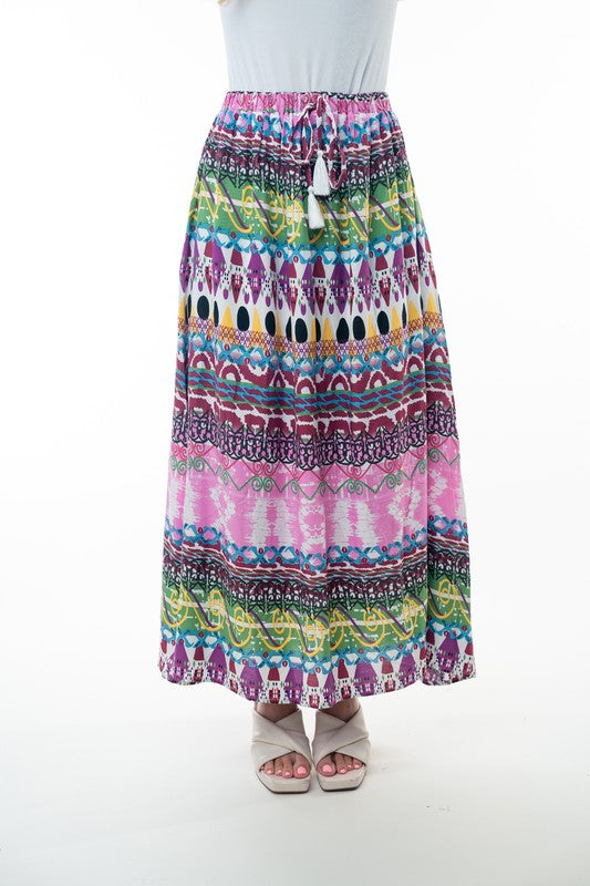 Printed Elastic Waist Boho Long Skirt with Tassels in Pink Combo-Womens-Ave Shops-[option4]-[option5]-[option6]-[option7]-[option8]-Shop-Boutique-Clothing-for-Women-Online