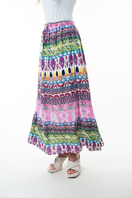 Printed Elastic Waist Boho Long Skirt with Tassels in Pink Combo-Womens-Ave Shops-[option4]-[option5]-[option6]-[option7]-[option8]-Shop-Boutique-Clothing-for-Women-Online