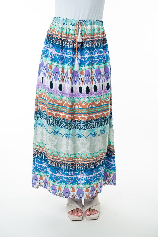 Printed Elastic Waist Boho Long Skirt with Tassels in Sage Combo-Womens-Ave Shops-[option4]-[option5]-[option6]-[option7]-[option8]-Shop-Boutique-Clothing-for-Women-Online