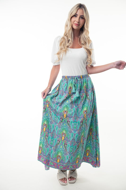 Printed Elastic Waist Boho Long Skirt with Tassels in Mint Combo-Womens-Ave Shops-[option4]-[option5]-[option6]-[option7]-[option8]-Shop-Boutique-Clothing-for-Women-Online