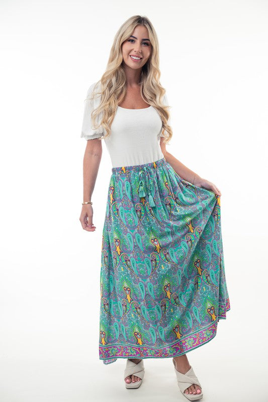 Printed Elastic Waist Boho Long Skirt with Tassels in Mint Combo-Womens-Ave Shops-[option4]-[option5]-[option6]-[option7]-[option8]-Shop-Boutique-Clothing-for-Women-Online