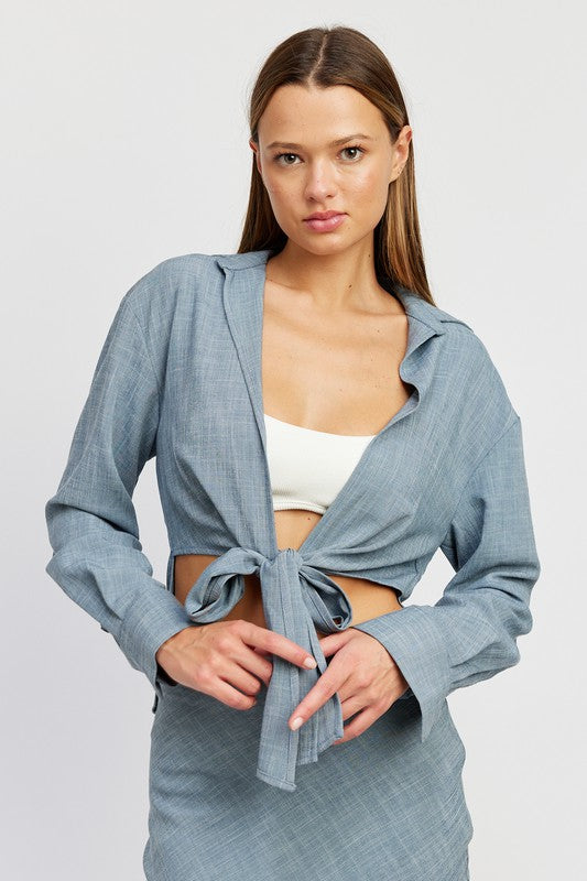 TIE FRONT CROPPED BLOUSE-Emory Park-[option4]-[option5]-[option6]-[option7]-[option8]-Shop-Boutique-Clothing-for-Women-Online