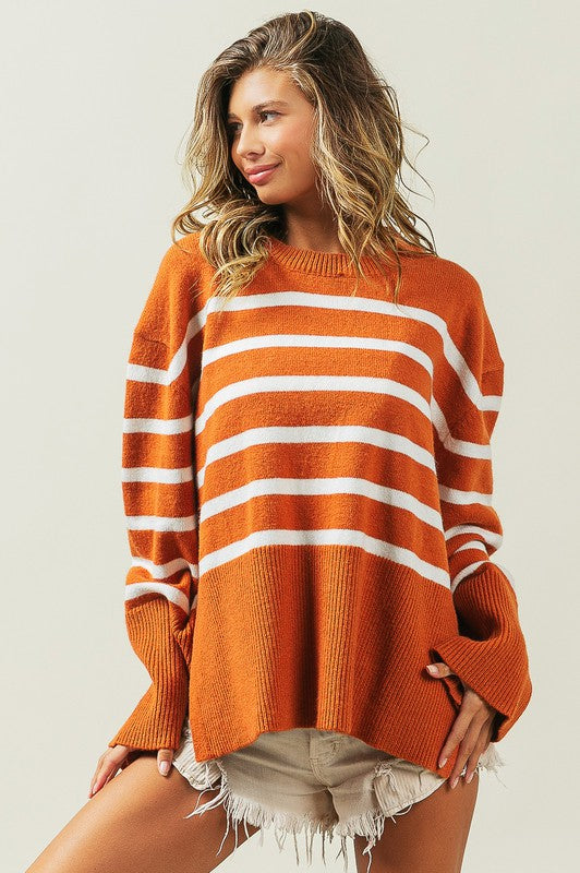 Bibi Ribbed Hem Stripe Sweater-BiBi-[option4]-[option5]-[option6]-[option7]-[option8]-Shop-Boutique-Clothing-for-Women-Online