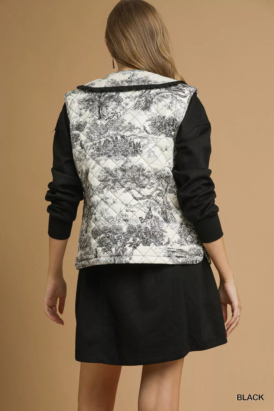 Umgee Toile Quilted Vest with Ruffle Collar-Vest-Trendsi-[option4]-[option5]-[option6]-[option7]-[option8]-Shop-Boutique-Clothing-for-Women-Online
