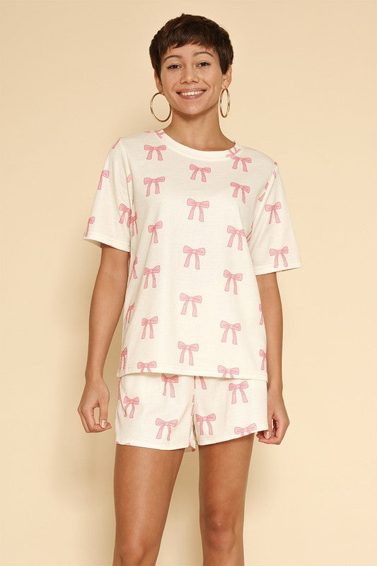 Novelty printed waffle pajama/ lounge shorts set-Miss Sparkling-Pink bow-S-[option4]-[option5]-[option6]-[option7]-[option8]-Shop-Boutique-Clothing-for-Women-Online