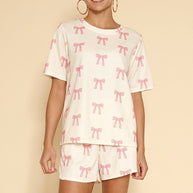 Novelty printed waffle pajama/ lounge shorts set-Miss Sparkling-Pink bow-S-[option4]-[option5]-[option6]-[option7]-[option8]-Shop-Boutique-Clothing-for-Women-Online