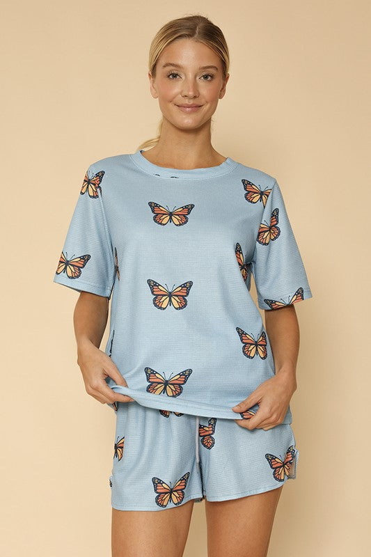 Novelty printed waffle pajama/ lounge shorts set-Miss Sparkling-Blue monarch-S-[option4]-[option5]-[option6]-[option7]-[option8]-Shop-Boutique-Clothing-for-Women-Online