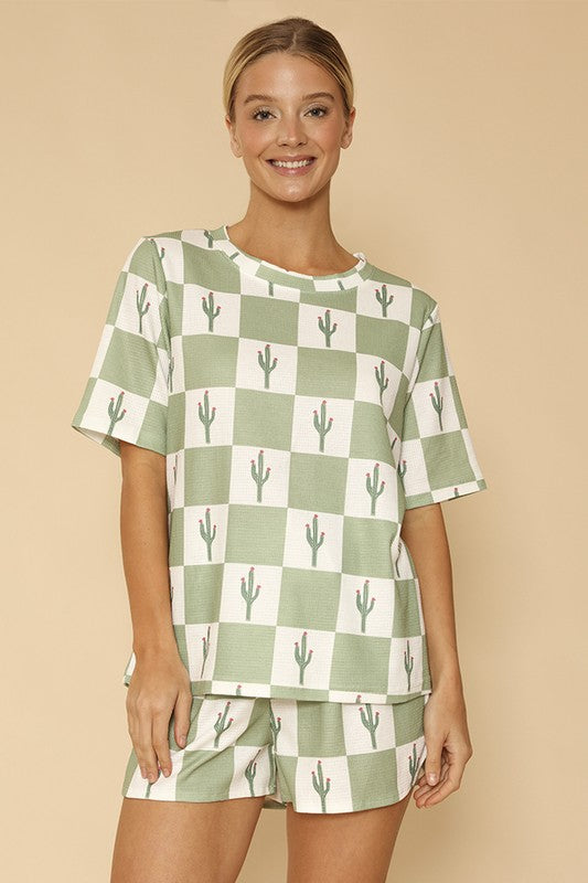 Novelty printed waffle pajama/ lounge shorts set-Miss Sparkling-Cactus check-S-[option4]-[option5]-[option6]-[option7]-[option8]-Shop-Boutique-Clothing-for-Women-Online
