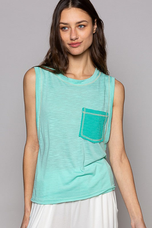 POL Round Neck Sleeveless Pocket Front Solid Top in Blue-Womens-Ave Shops-[option4]-[option5]-[option6]-[option7]-[option8]-Shop-Boutique-Clothing-for-Women-Online