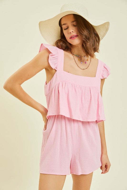 Gauze Square Neck Romper with Mini Ruffles on the Shoulder in Pink-Womens-Ave Shops-[option4]-[option5]-[option6]-[option7]-[option8]-Shop-Boutique-Clothing-for-Women-Online