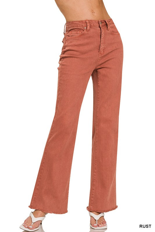 Zenana Acid Washed Frayed Cutoff Hem Straight Wide Pants-ZENANA-RUST-S-[option4]-[option5]-[option6]-[option7]-[option8]-Shop-Boutique-Clothing-for-Women-Online