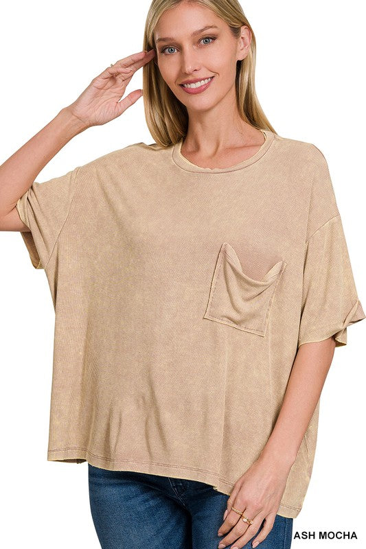 Zenana Washed Ribbed Cuffed Short Sleeve Round Neck Top-ZENANA-[option4]-[option5]-[option6]-[option7]-[option8]-Shop-Boutique-Clothing-for-Women-Online