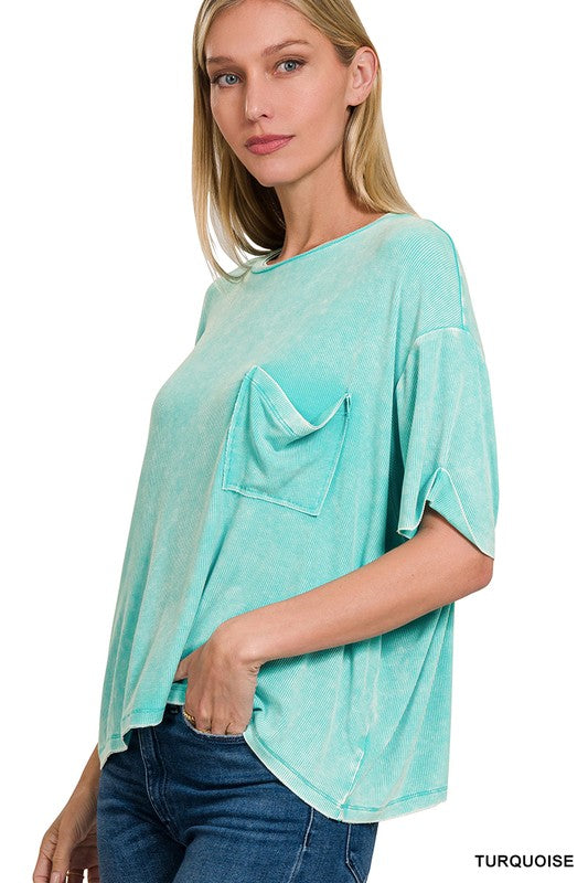 Zenana Washed Ribbed Cuffed Short Sleeve Round Neck Top-ZENANA-TURQUOISE-S/M-[option4]-[option5]-[option6]-[option7]-[option8]-Shop-Boutique-Clothing-for-Women-Online