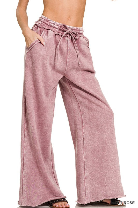 Zenana Acid Wash Fleece Palazzo Sweatpants with Pockets-ZENANA-LT ROSE-S-[option4]-[option5]-[option6]-[option7]-[option8]-Shop-Boutique-Clothing-for-Women-Online