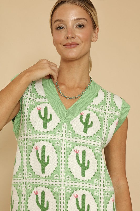 Cactus tiled sweater vest-Miss Sparkling-[option4]-[option5]-[option6]-[option7]-[option8]-Shop-Boutique-Clothing-for-Women-Online