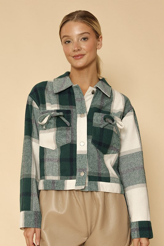 Cropped flannel jacket with bow detailing-Miss Sparkling-GREEN MULTI-S-[option4]-[option5]-[option6]-[option7]-[option8]-Shop-Boutique-Clothing-for-Women-Online