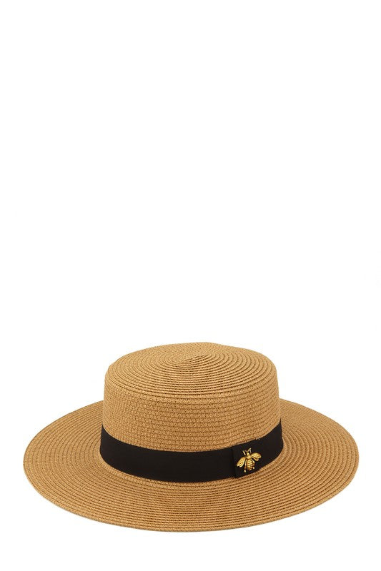Bee Charm Black Band Flat Top Straw Hat-ICCO ACCESSORIES-KAHKI-OS-[option4]-[option5]-[option6]-[option7]-[option8]-Shop-Boutique-Clothing-for-Women-Online
