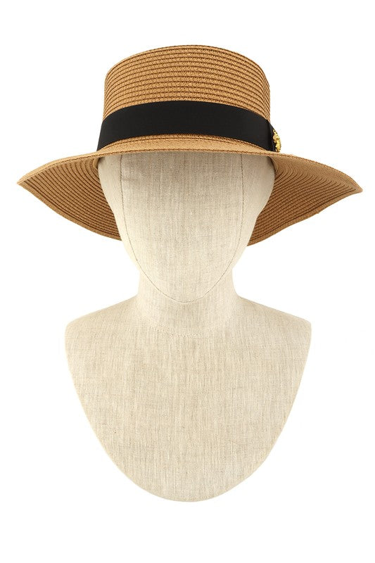Bee Charm Black Band Flat Top Straw Hat-ICCO ACCESSORIES-KAHKI-OS-[option4]-[option5]-[option6]-[option7]-[option8]-Shop-Boutique-Clothing-for-Women-Online