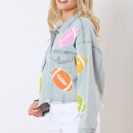 Football Towel & Sequin Embroidery Denim Jacket-Womens-Ave Shops-[option4]-[option5]-[option6]-[option7]-[option8]-Shop-Boutique-Clothing-for-Women-Online
