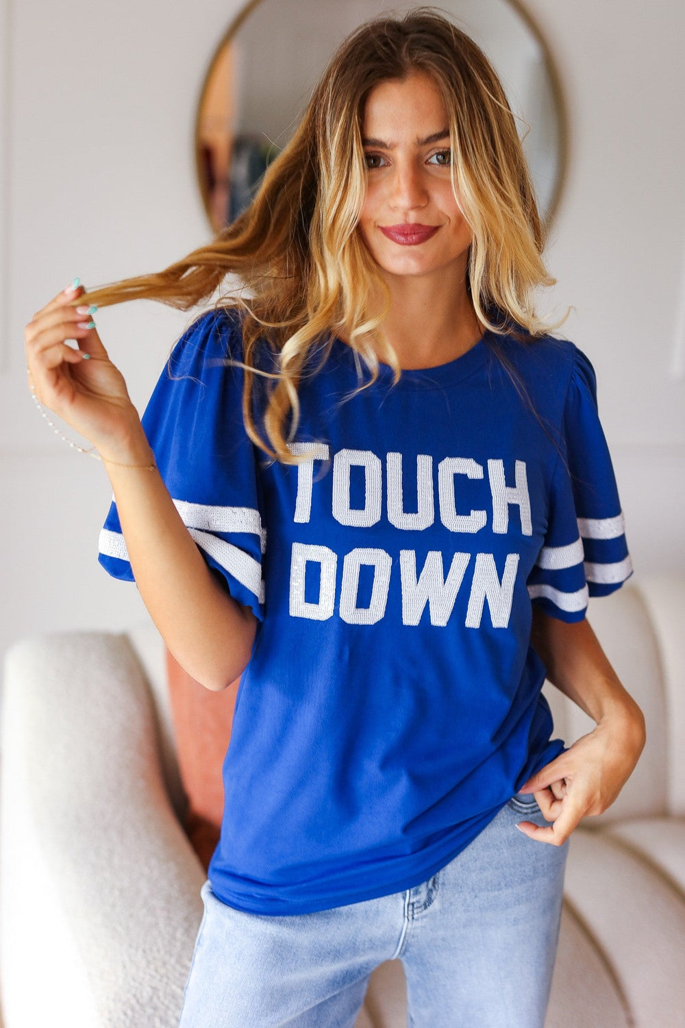 Stand Out Blue "TOUCHDOWN" Sequin Bubble Sleeve Game Day Top-Haptics-[option4]-[option5]-[option6]-[option7]-[option8]-Shop-Boutique-Clothing-for-Women-Online