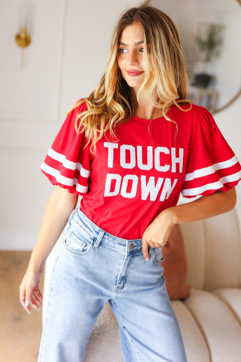 Stand Out Red "TOUCHDOWN" Sequin Bubble Sleeve Game Day Top-Haptics-[option4]-[option5]-[option6]-[option7]-[option8]-Shop-Boutique-Clothing-for-Women-Online