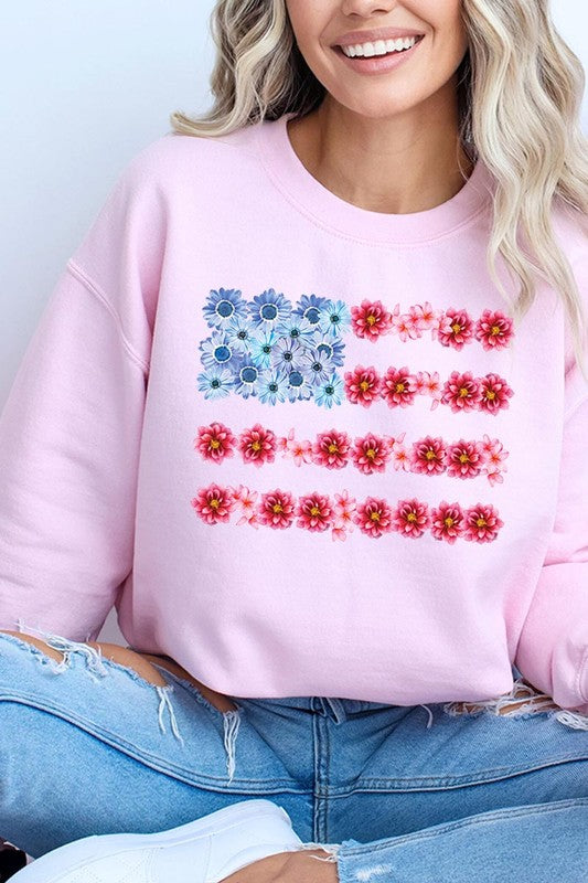 Flower USA Flag Graphic Fleece Sweatshirts-Color Bear-LIGHT PINK-S-[option4]-[option5]-[option6]-[option7]-[option8]-Shop-Boutique-Clothing-for-Women-Online