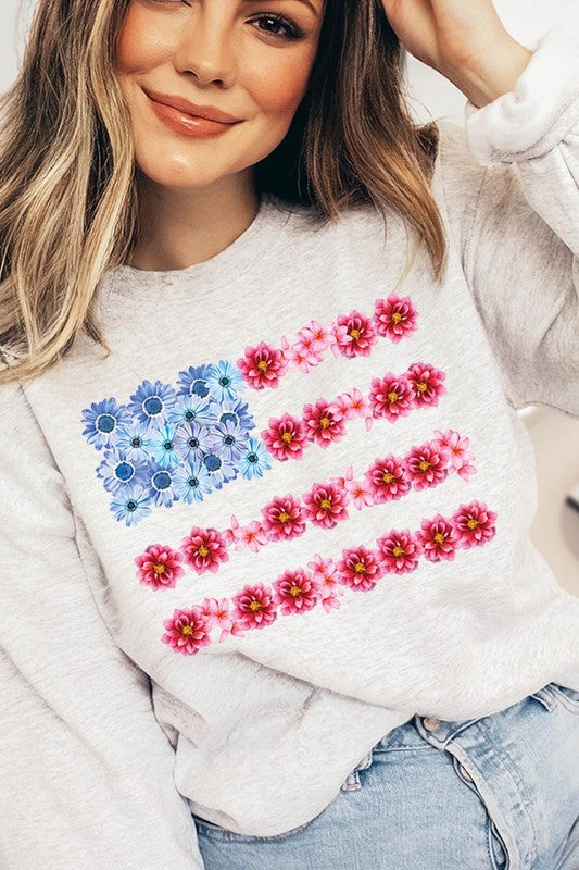Flower USA Flag Graphic Fleece Sweatshirts-Color Bear-ASH-S-[option4]-[option5]-[option6]-[option7]-[option8]-Shop-Boutique-Clothing-for-Women-Online