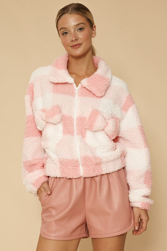 Sherpa bow zip up jacket-Miss Sparkling-PINK MULTI-S-[option4]-[option5]-[option6]-[option7]-[option8]-Shop-Boutique-Clothing-for-Women-Online